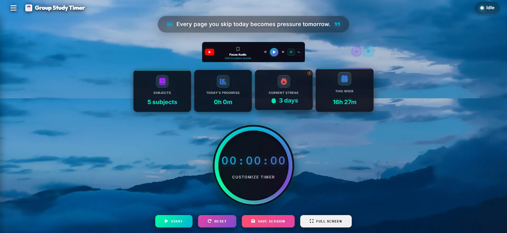 Group Study Timer dashboard with the study timer running