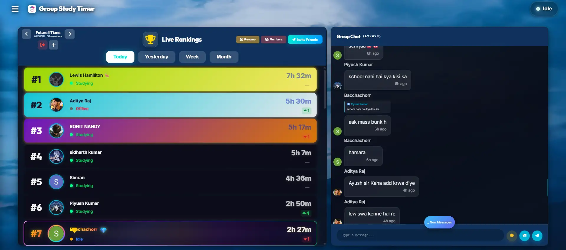 Live study leaderboard with real-time student rankings